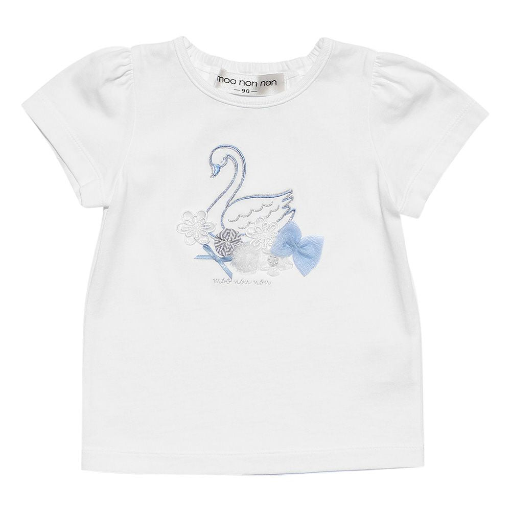 Baby size 100 % cotton Swan print T-shirt with tulle flowers Off White front