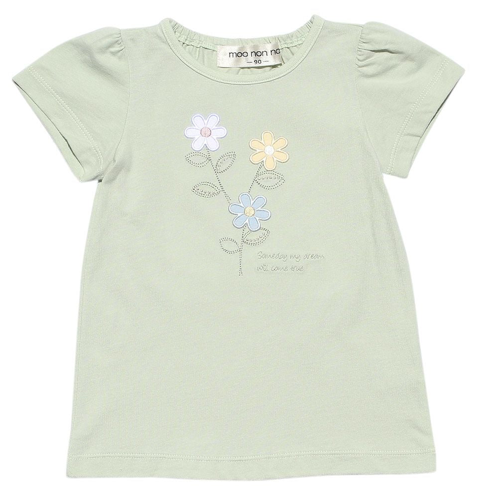 Baby size 100 % cotton T -shirt with flowers and words Green front