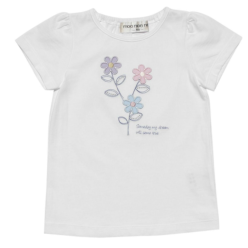 Baby size 100 % cotton T -shirt with flowers and words Off White front