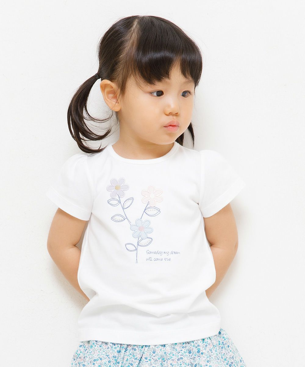 Baby size 100 % cotton T -shirt with flowers and words Off White model image up