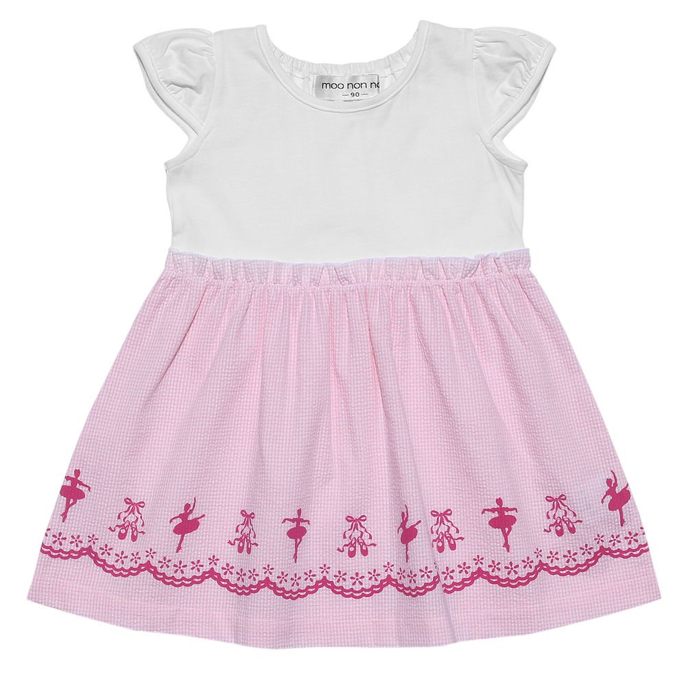 Baby size Ballet Print Gingham Check Pattern Switching dress Pink front