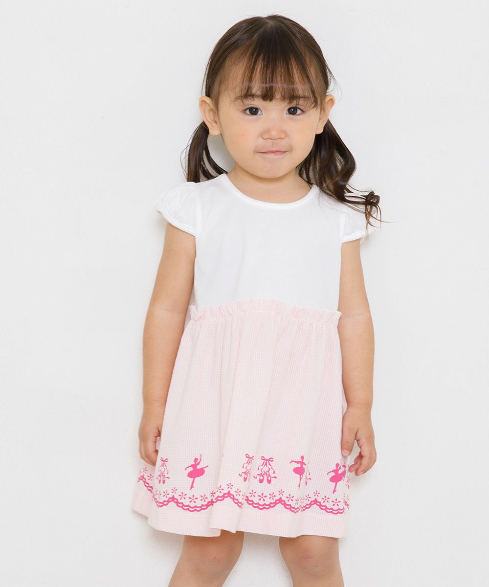 Baby size Ballet Print Gingham Check Pattern Switching dress Pink model image 1