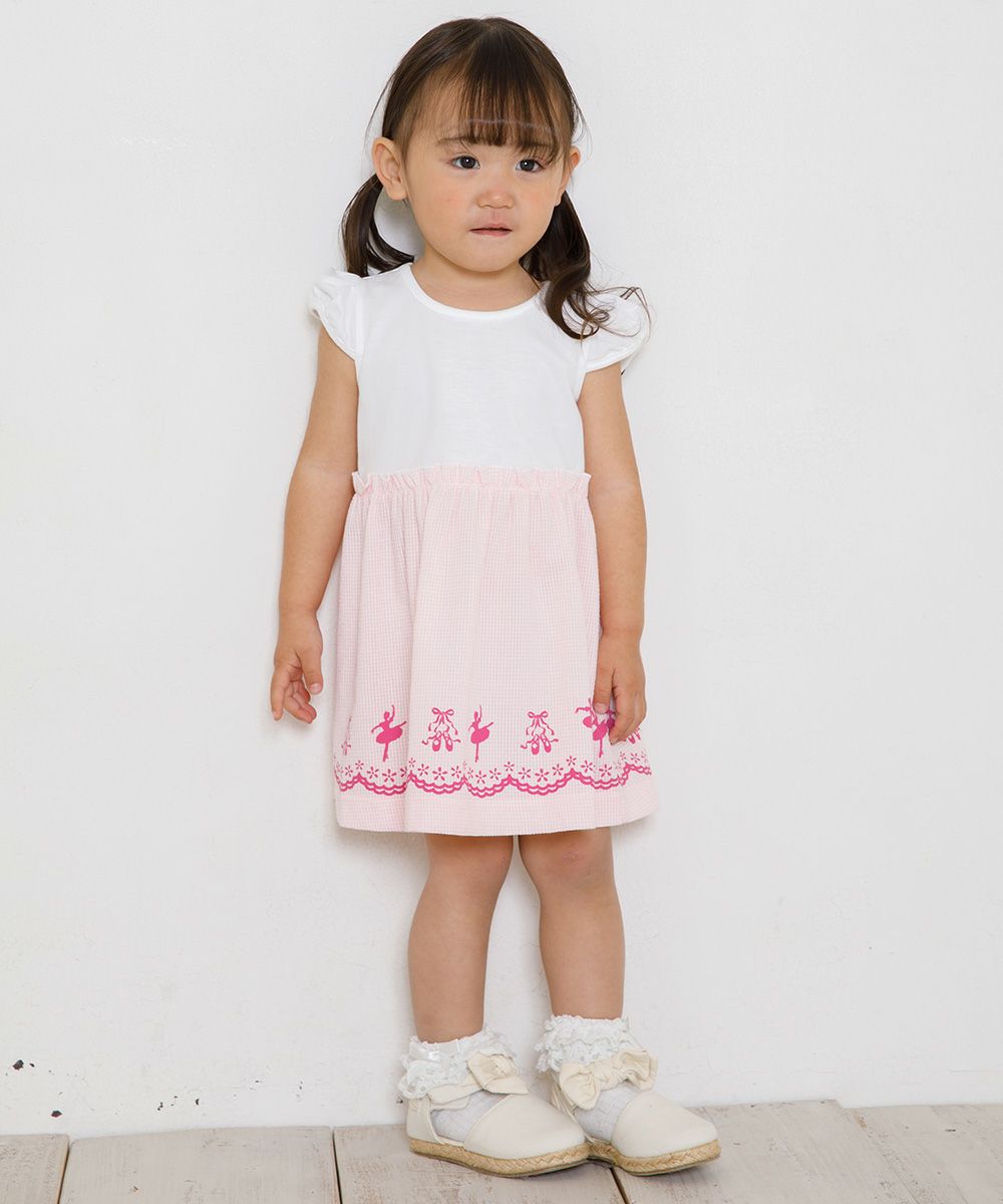 Baby size Ballet Print Gingham Check Pattern Switching dress Pink model image 2