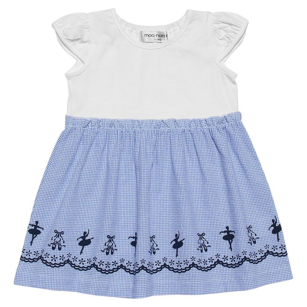 Baby size Ballet Print Gingham Check Pattern Switching dress Blue front