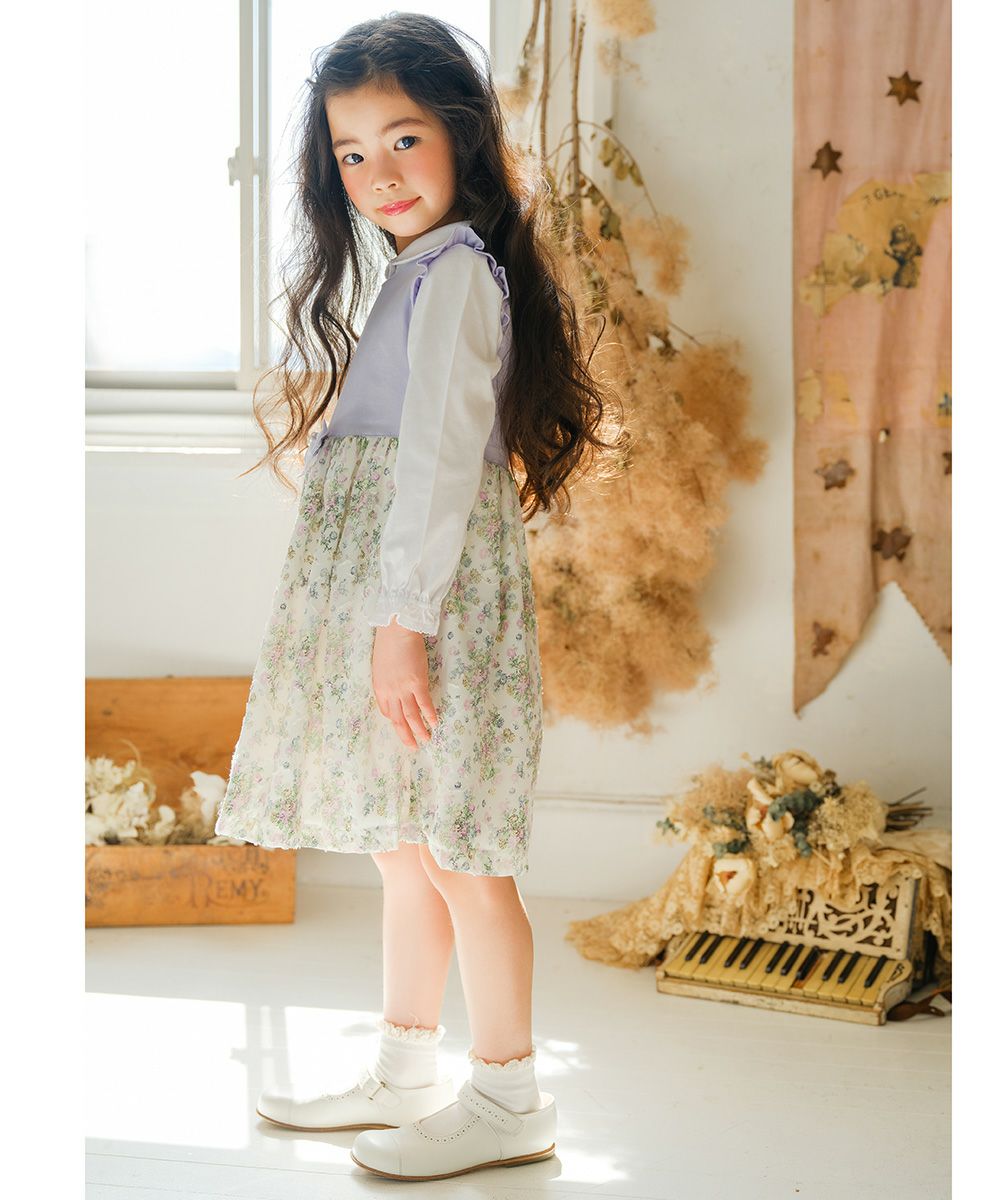 Japan made, floral chiffon dress with removable ribbon Purple model image up