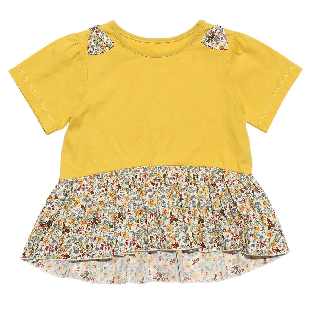 Children's clothing girl 100 % cotton floral switching with ribbon T -shirt yellow (04) front