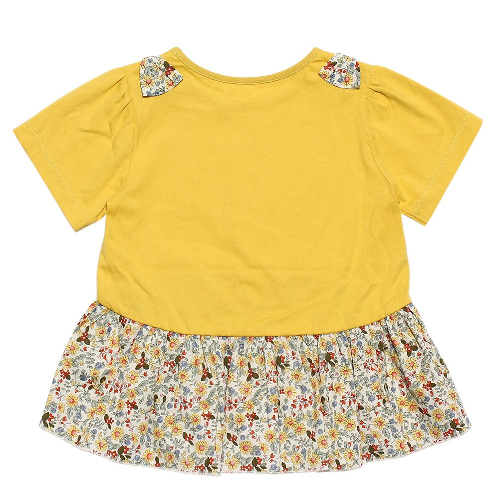 Children's clothing girl 100 % cotton floral switching with ribbon T -shirt yellow (04) back