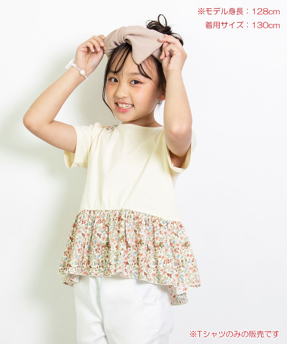Children's clothing girl 100 % cotton floral switching with ribbon T -shirt Ivory (12) model image 1