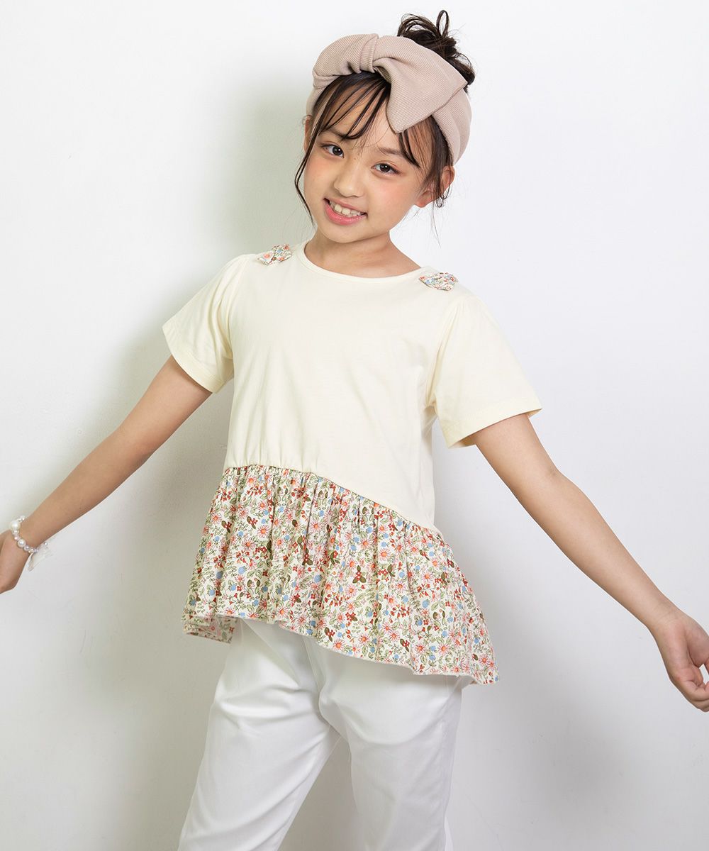 Children's clothing girl 100 % cotton floral switching with ribbon T -shirt Ivory (12) model image 3