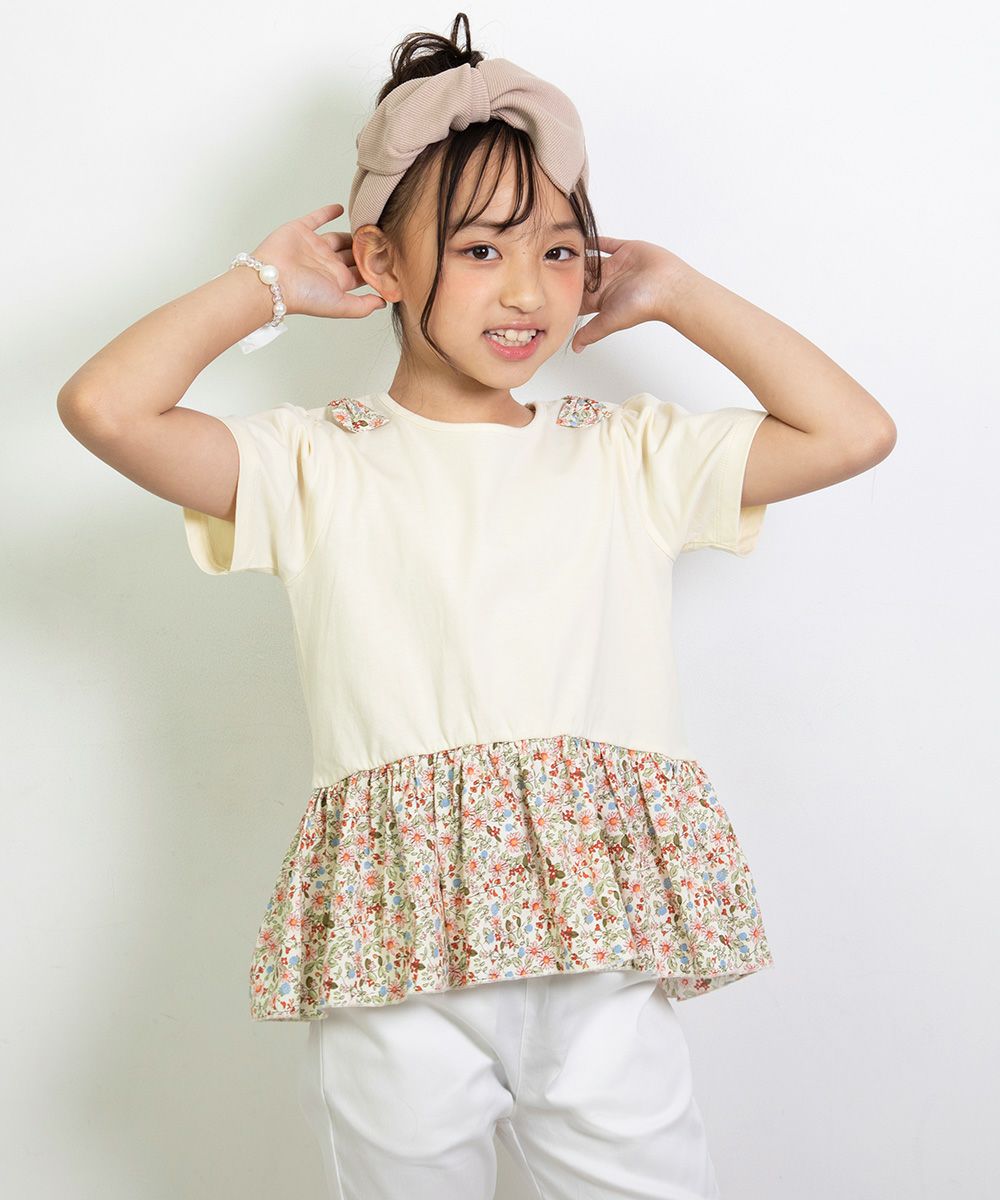 Children's clothing girl 100 % cotton floral switching with ribbon T -shirt Ivory (12) Model image 4