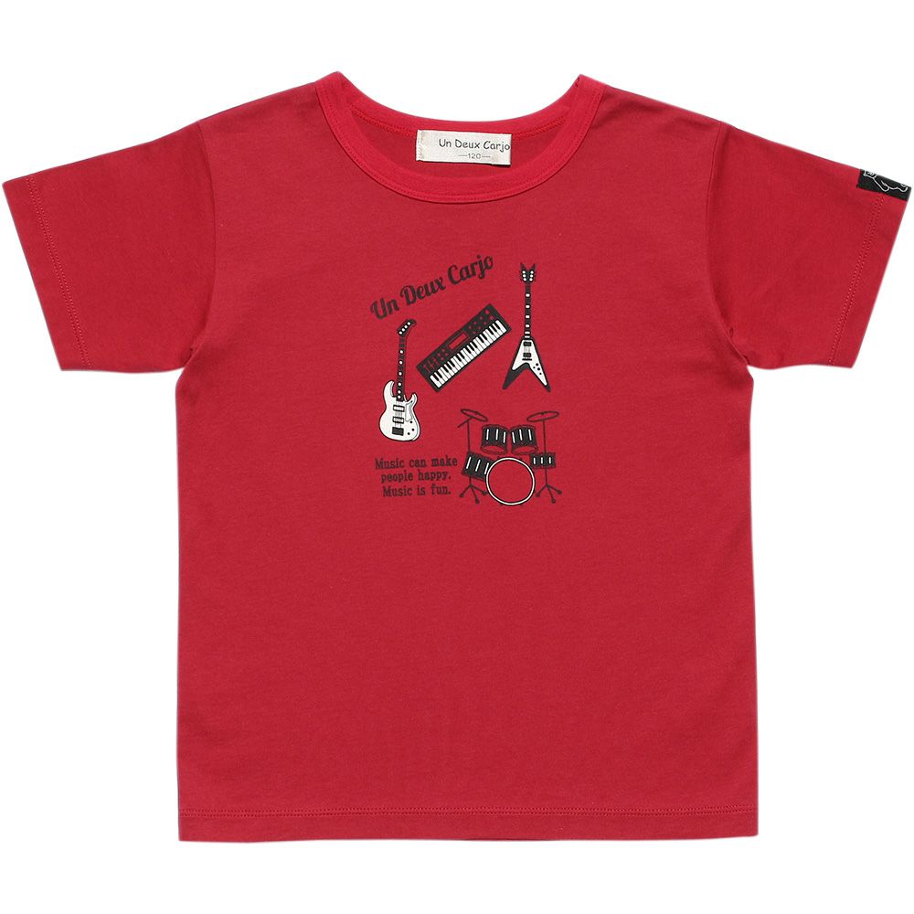 100 % cotton musical instrument series guitar & drum motif print T -shirt Red front