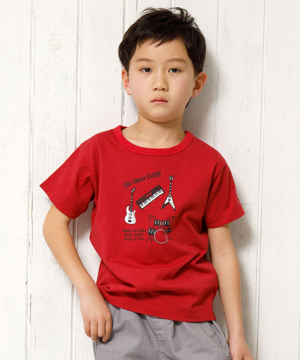 100 % cotton musical instrument series guitar & drum motif print T -shirt Red model image up