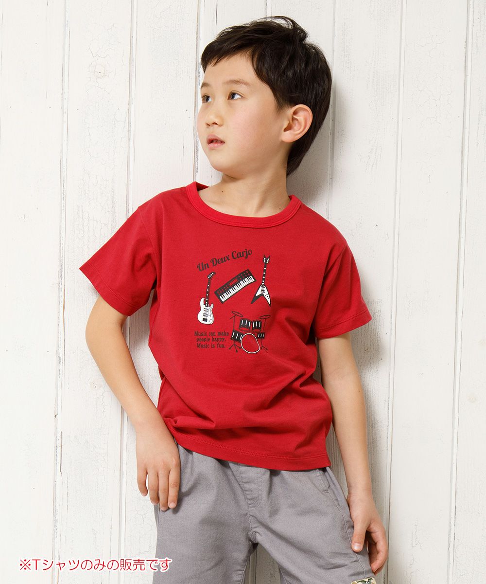100 % cotton musical instrument series guitar & drum motif print T -shirt Red model image 1