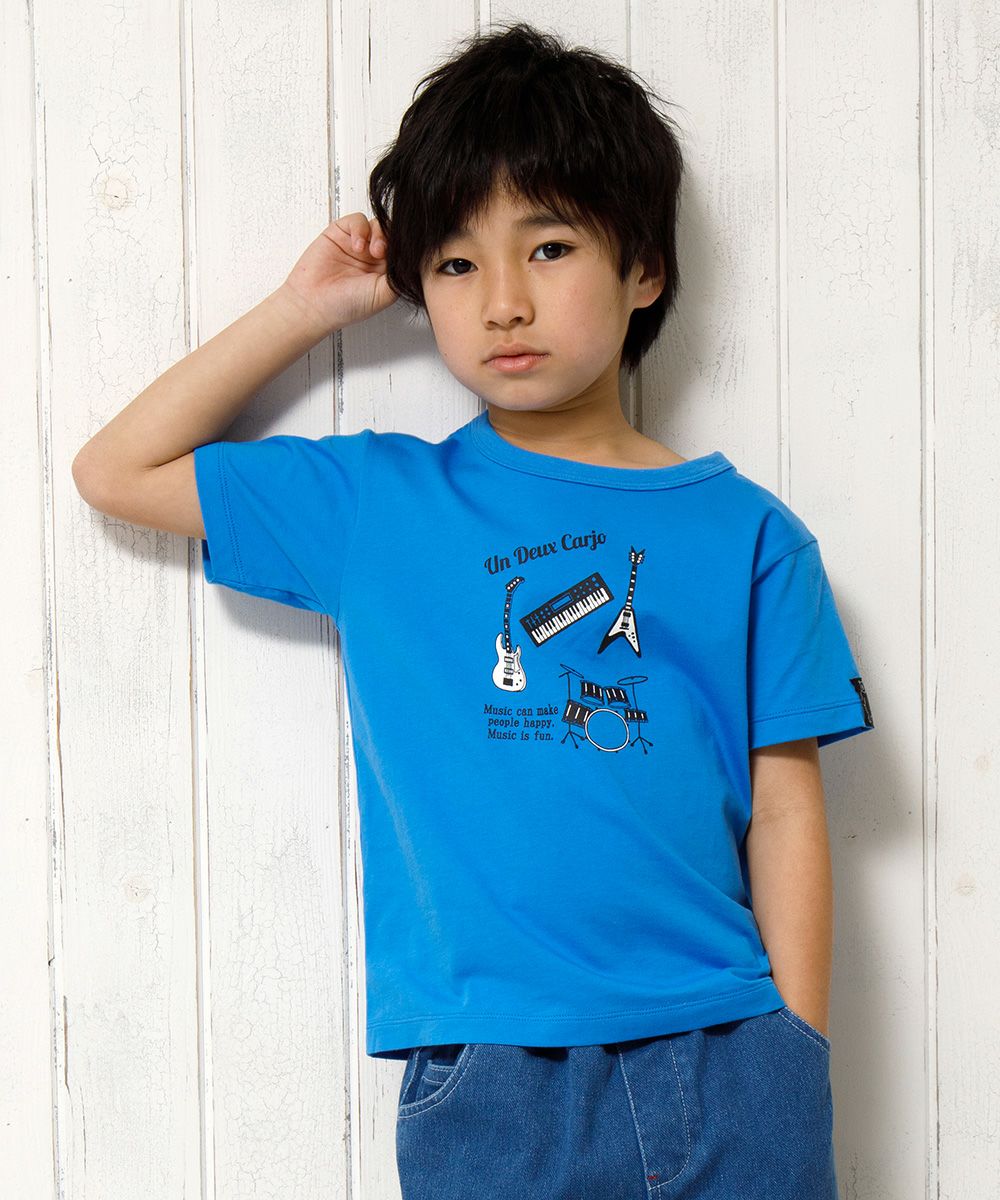 100 % cotton musical instrument series guitar & drum motif print T -shirt Blue model image up