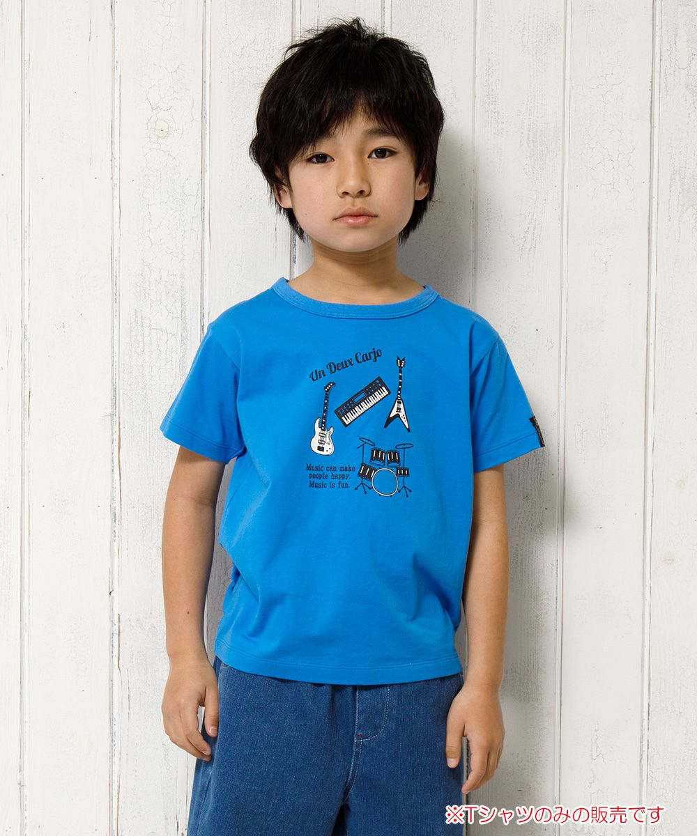 100 % cotton musical instrument series guitar & drum motif print T -shirt Blue model image 1