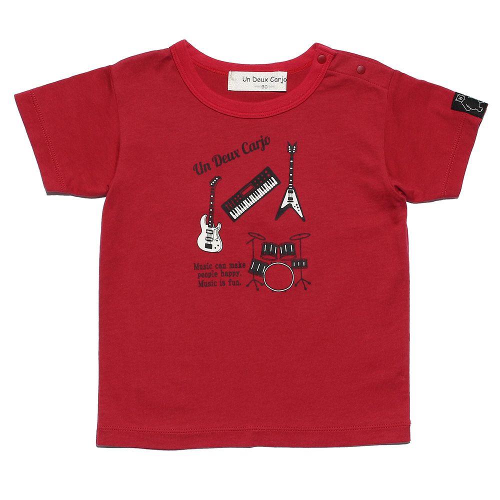Baby size 100 % cotton musical instrument series guitar & drum motif print T -shirt Red front