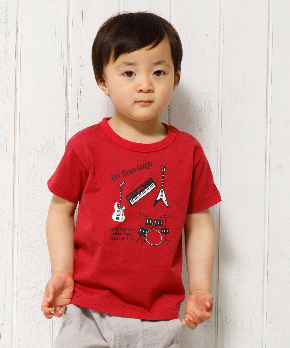 Baby size 100 % cotton musical instrument series guitar & drum motif print T -shirt Red model image up