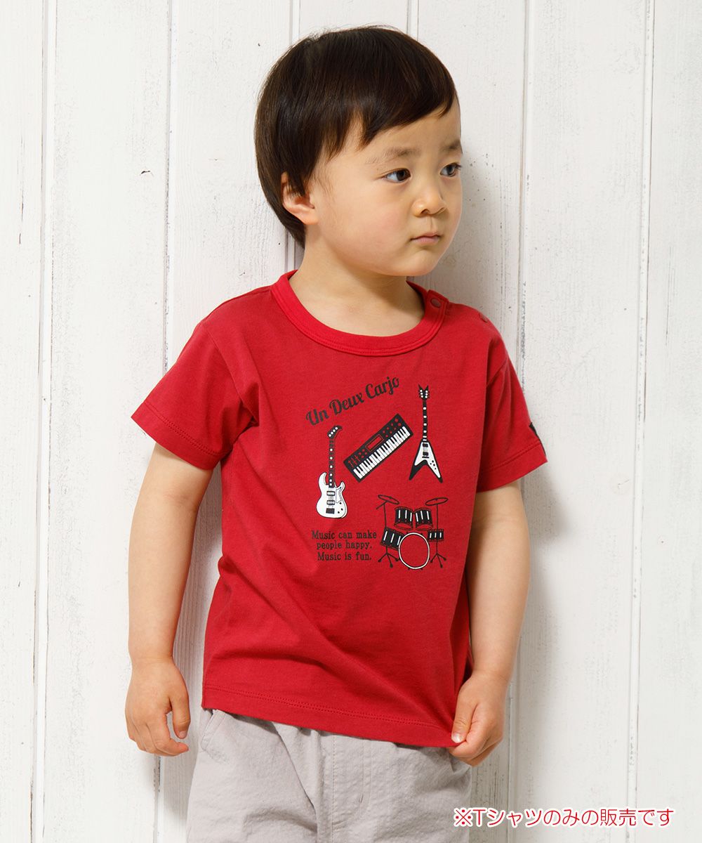 Baby size 100 % cotton musical instrument series guitar & drum motif print T -shirt Red model image 1
