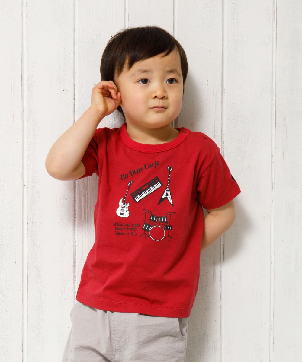Baby size 100 % cotton musical instrument series guitar & drum motif print T -shirt Red model image 3