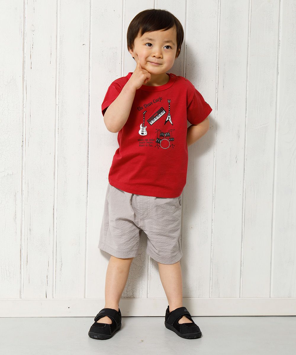 Baby size 100 % cotton musical instrument series guitar & drum motif print T -shirt Red model image 4