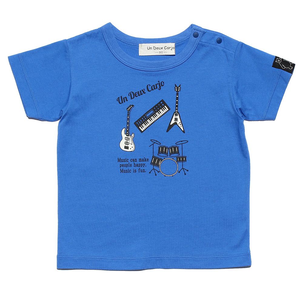 Baby size 100 % cotton musical instrument series guitar & drum motif print T -shirt Blue front