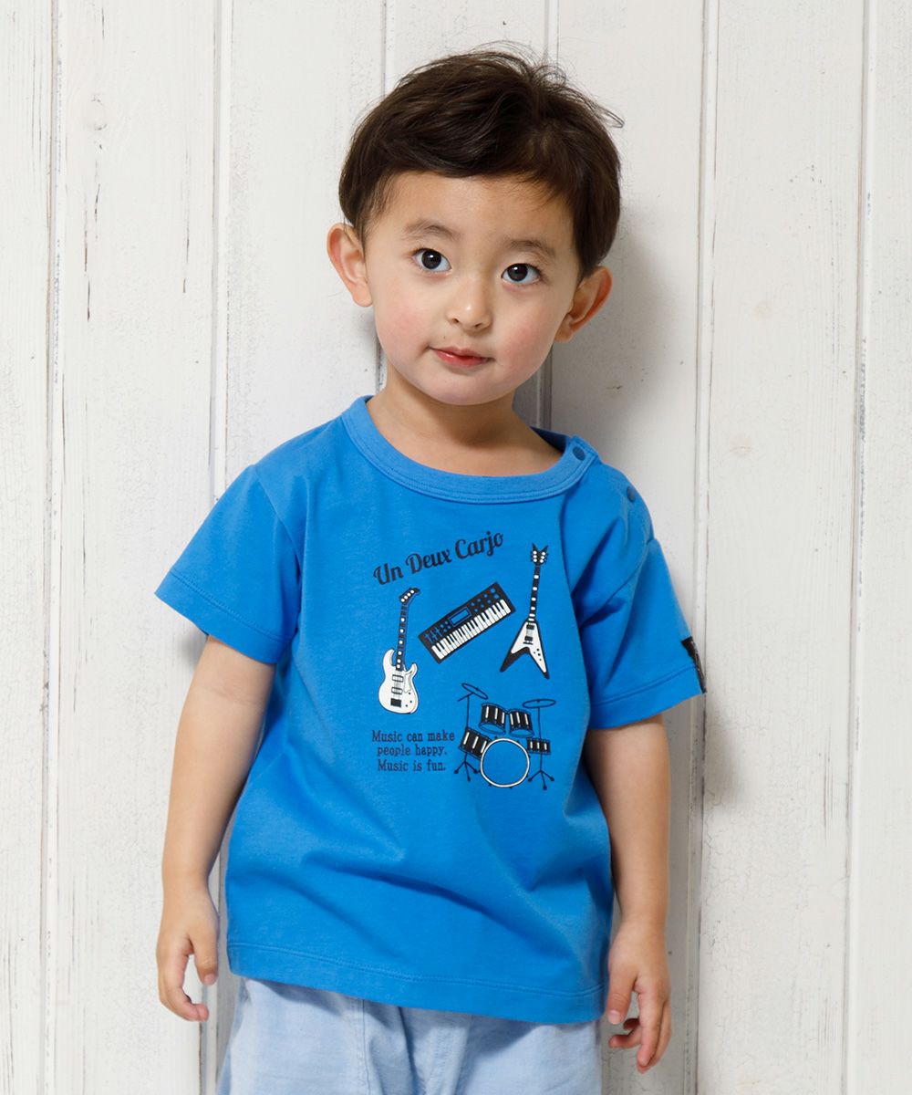 Baby size 100 % cotton musical instrument series guitar & drum motif print T -shirt Blue model image up