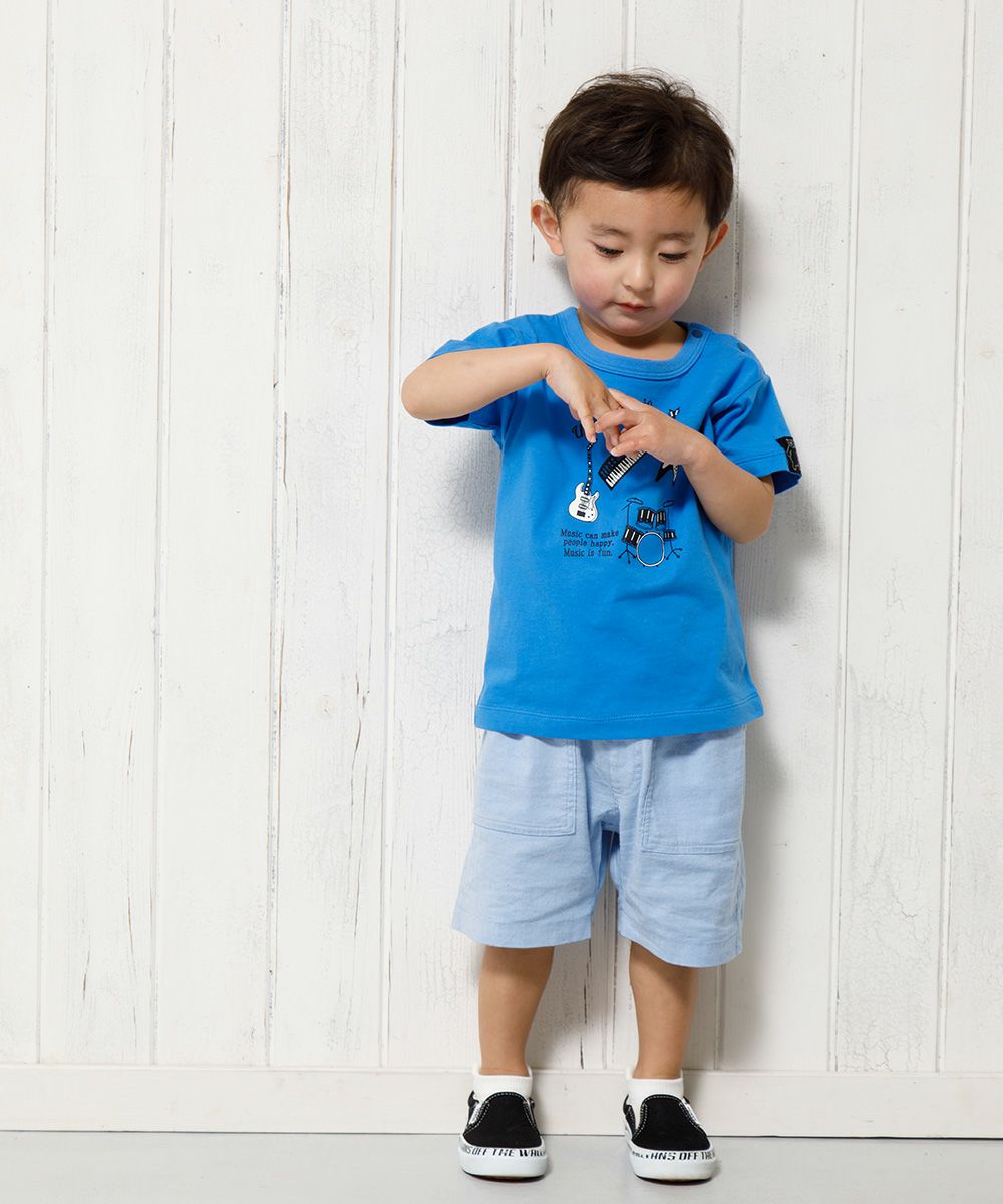 Baby size 100 % cotton musical instrument series guitar & drum motif print T -shirt Blue model image 4