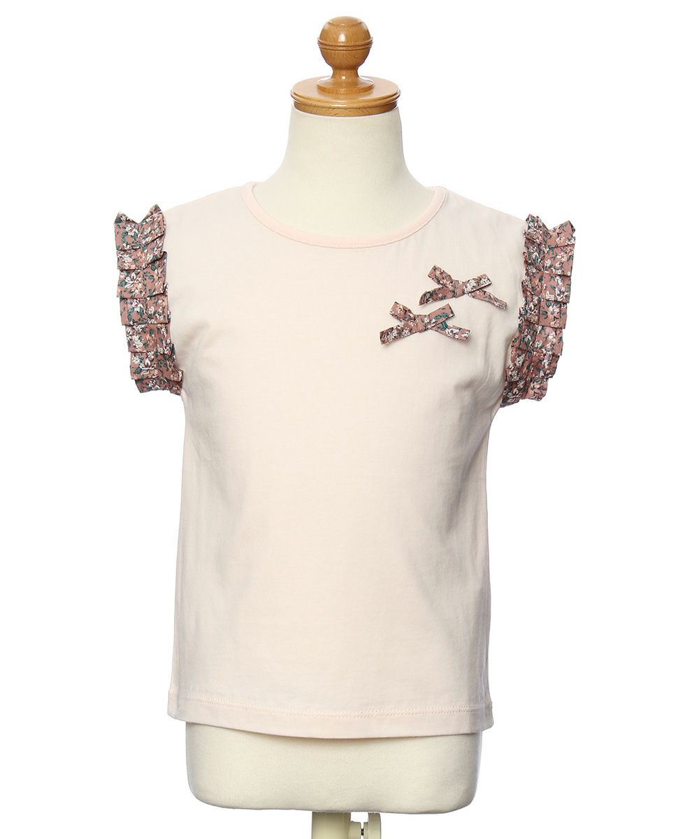 100 % cotton T-shirt with floral pleated sleeve and ribbons Pink torso