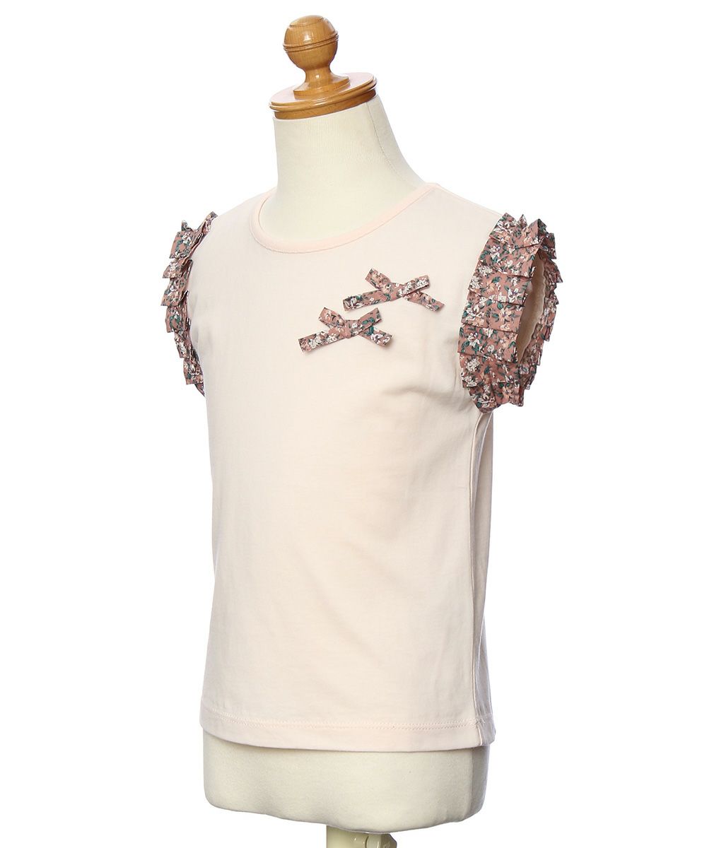 100 % cotton T-shirt with floral pleated sleeve and ribbons Pink torso