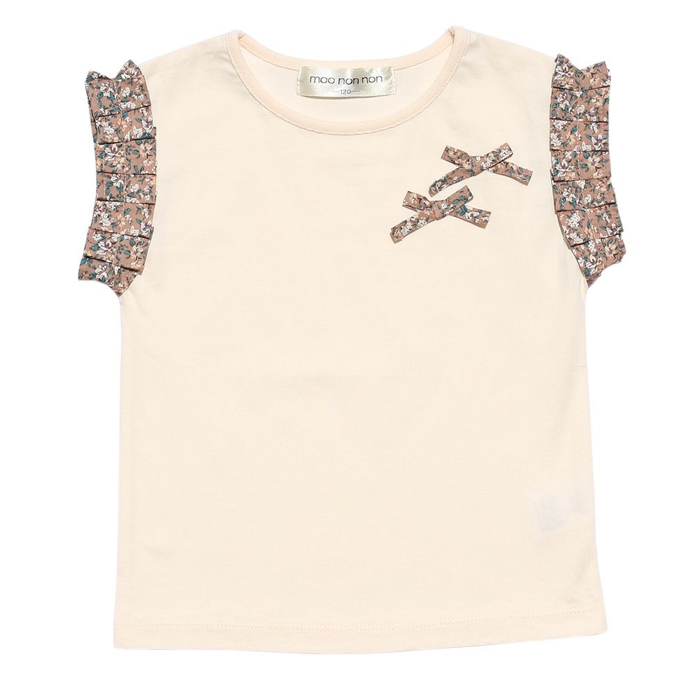 100 % cotton T-shirt with floral pleated sleeve and ribbons Pink front