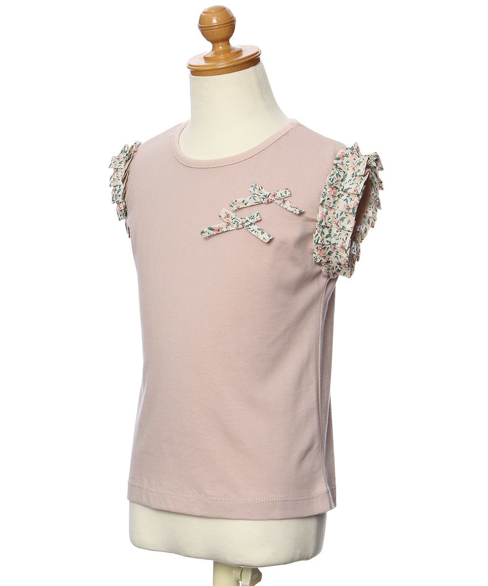100 % cotton T-shirt with floral pleated sleeve and ribbons Beige torso