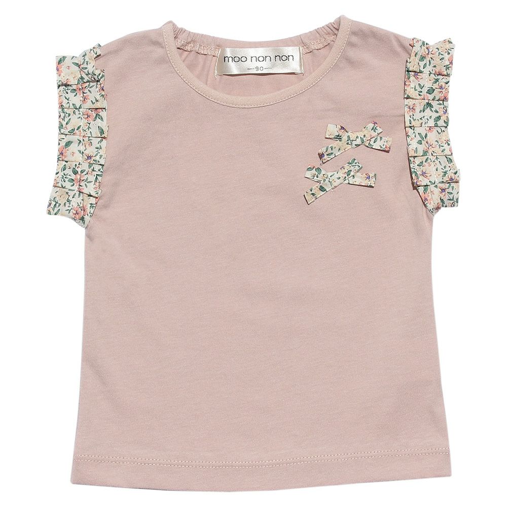 Baby size 100 % cotton T-shirt with floral pleated sleeve and ribbons Beige front