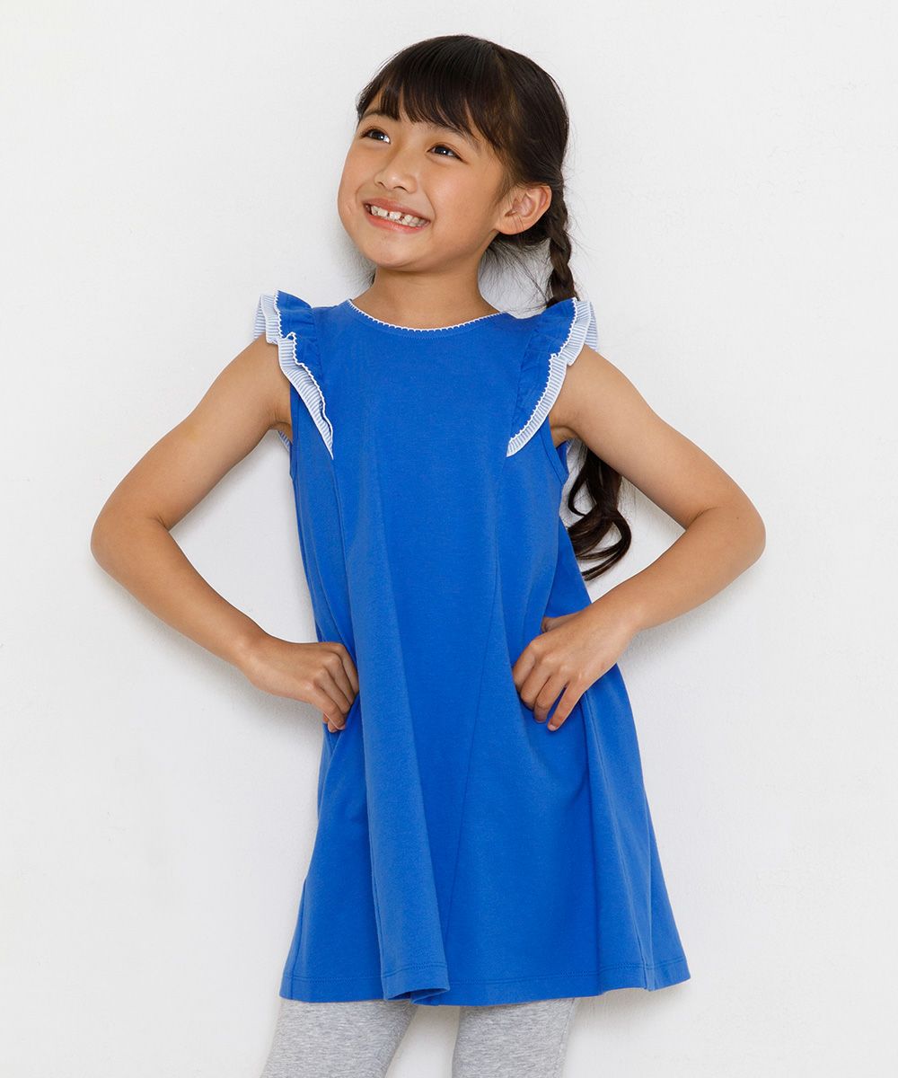 A -line dress with frilled shoulders Blue model image 3