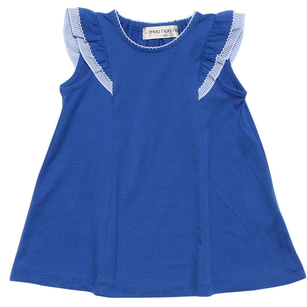 Baby size A -line dress with frilled shoulders Blue front