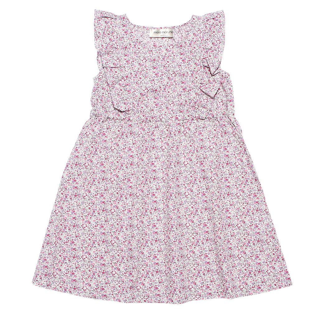 100 % cotton flower print shirred dress with frills Pink front