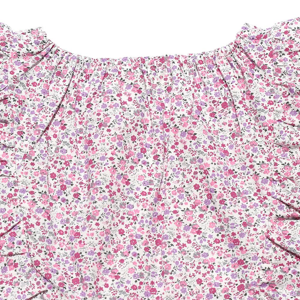 100 % cotton flower print shirred dress with frills Pink Design point 2