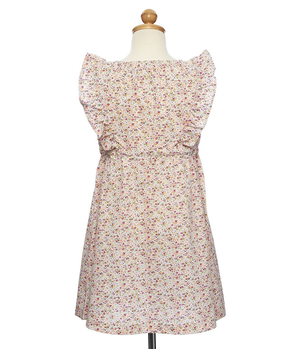 100 % cotton flower print shirred dress with frills Yellow torso