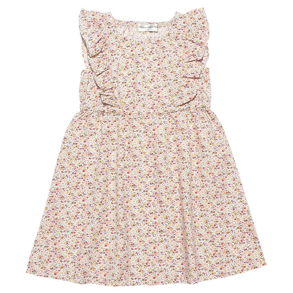 100 % cotton flower print shirred dress with frills Yellow front