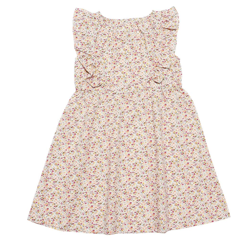 100 % cotton flower print shirred dress with frills Yellow back
