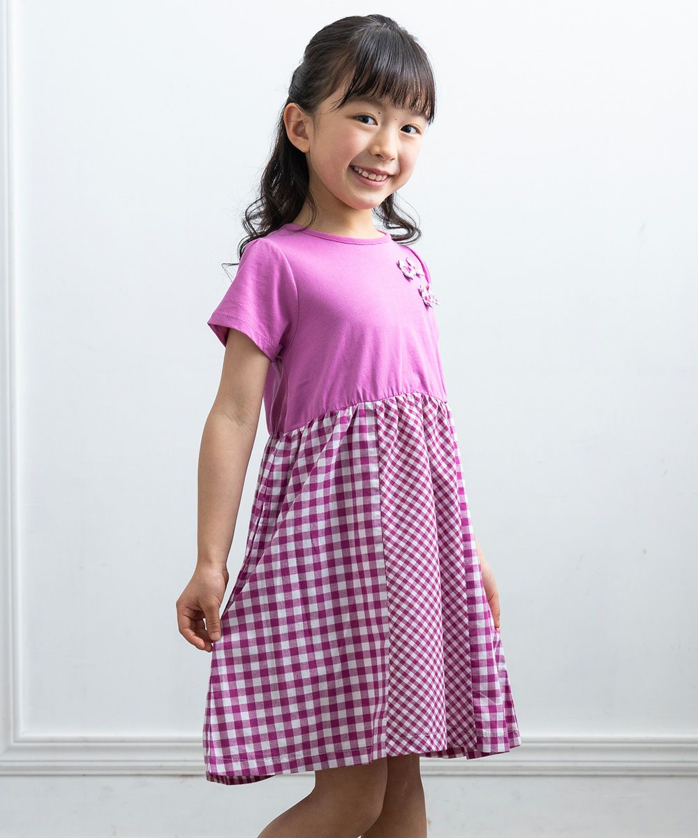 Check pattern docking dress with ribbon  model image up