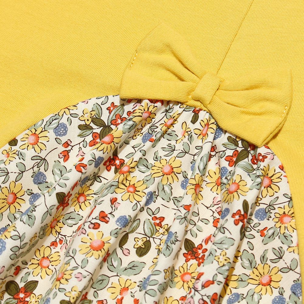 100 % cotton A line floral switching pattern dress Yellow Design point 1