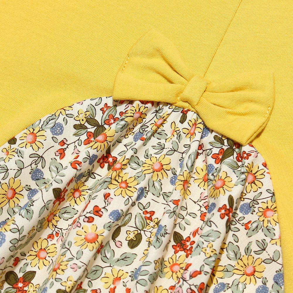 Baby size 100% cotton A line floral switching pattern dress Yellow Design point 1