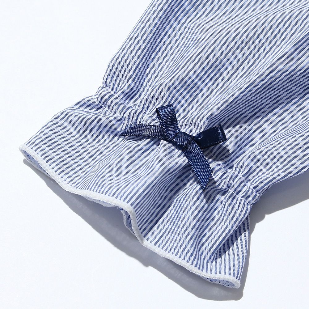 Striped pattern ribbon frill sleeve blouse Navy Design point 1