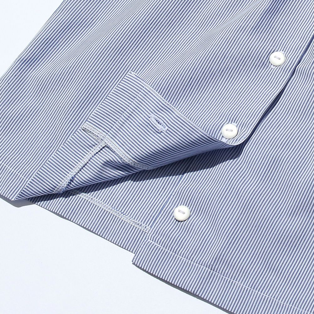 Striped pattern ribbon frill sleeve blouse Navy Design point 2