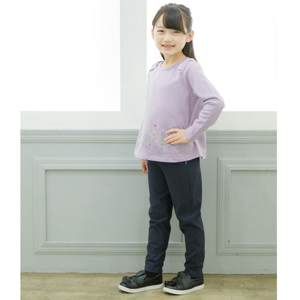 Children's clothing girl note embroidery denim knit full length pants navy (06) Model image up