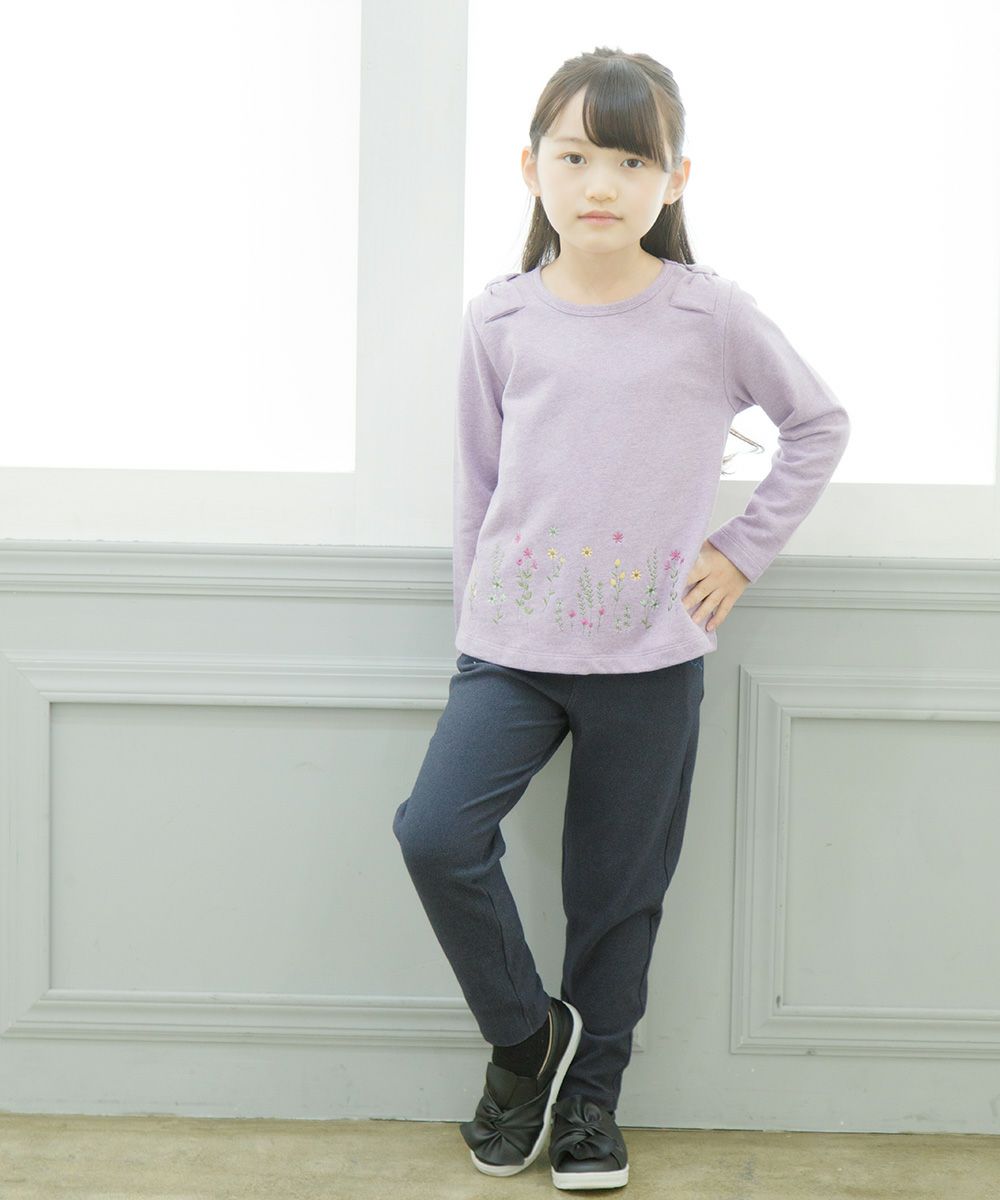 Children's clothing girl note embroidery denim knit full length pants navy (06) model image 1