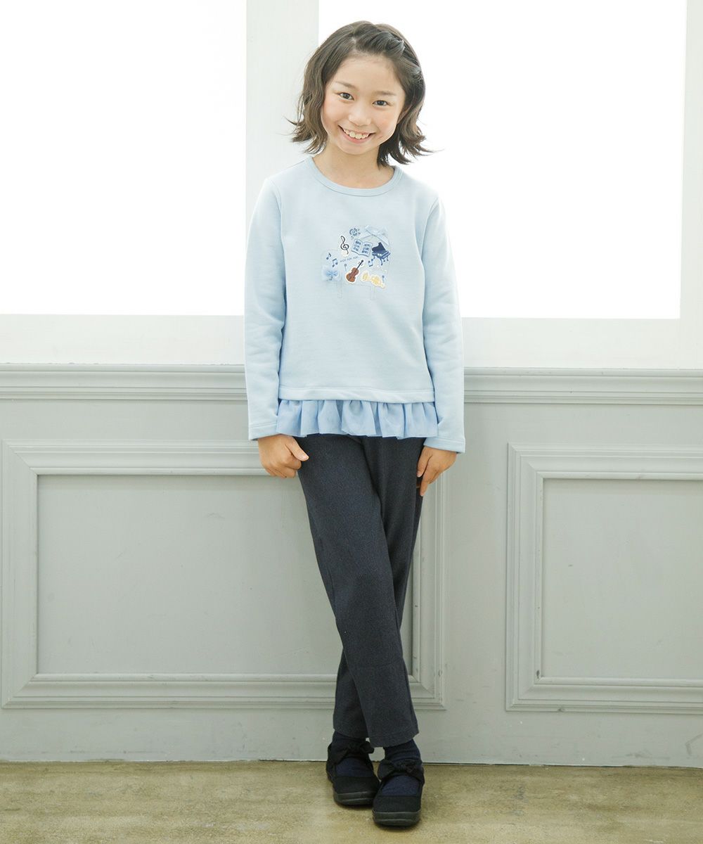 Children's clothing girl note embroidery denim knit full length pants navy (06) model image 2