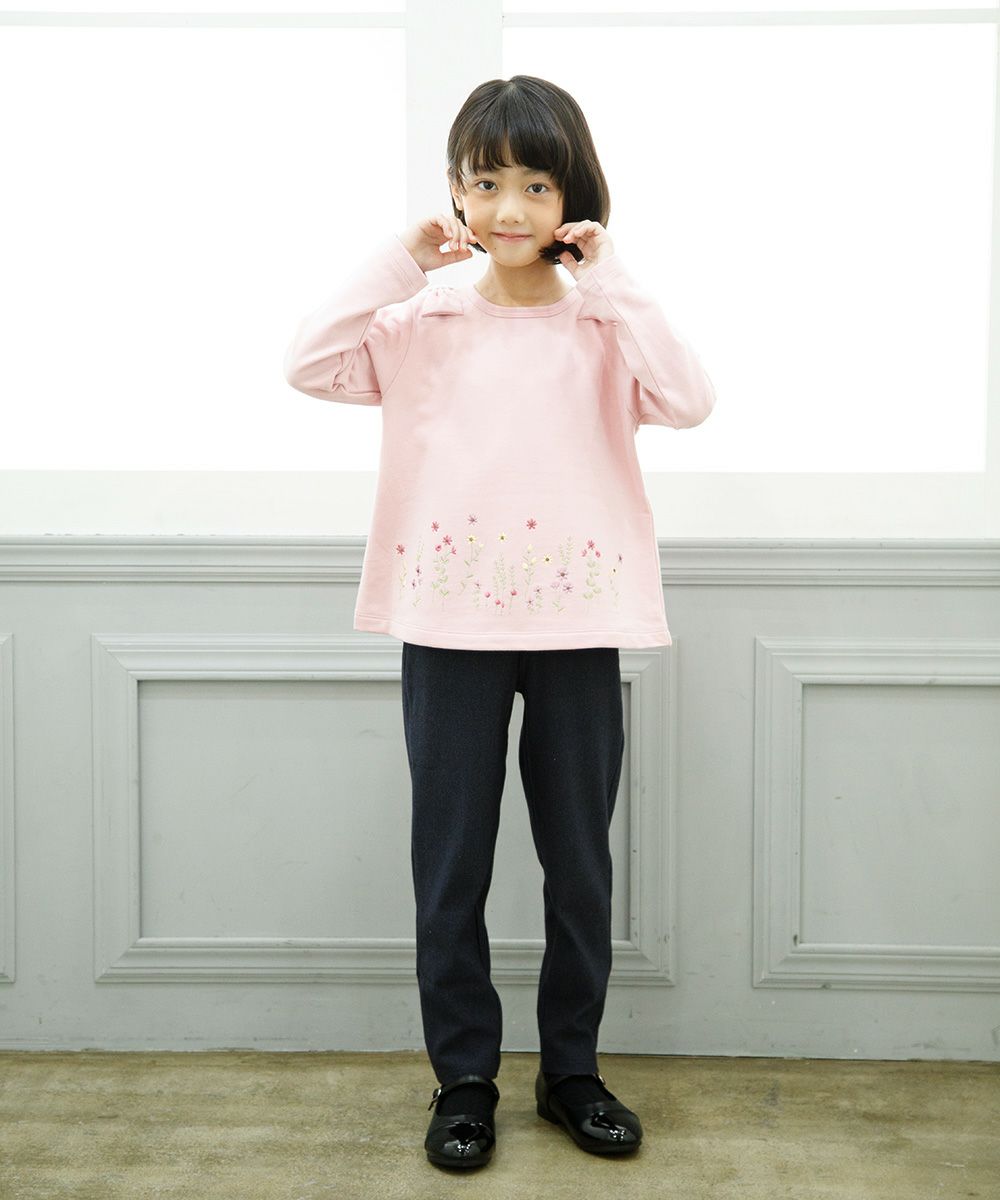 Children's clothing girl note embroidery denim knit full length pants navy (06) model image 3