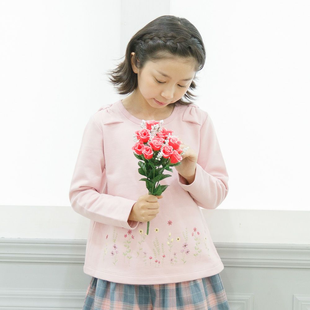 Children's clothing girls flower embroidery A line linen T -shirt Pink (02) model image up