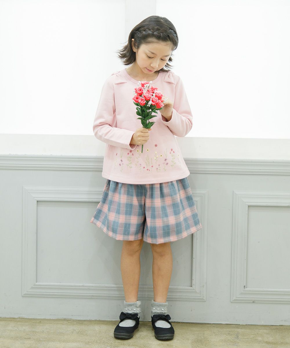 Children's clothing girls flower embroidery A line linen T -shirt pink (02) model image whole body